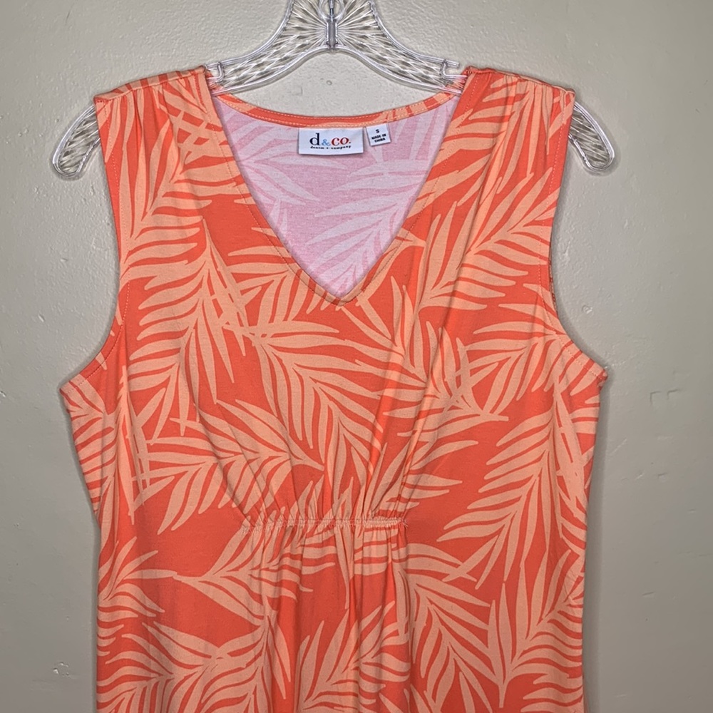 D & Co. Dress Coral Palm Tree Print Sleeveless Cotton Spandex V Neck MIDI Small - Picture 3 of 10